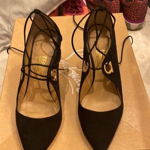 Black suede tie around your ankle ferragamo pumps